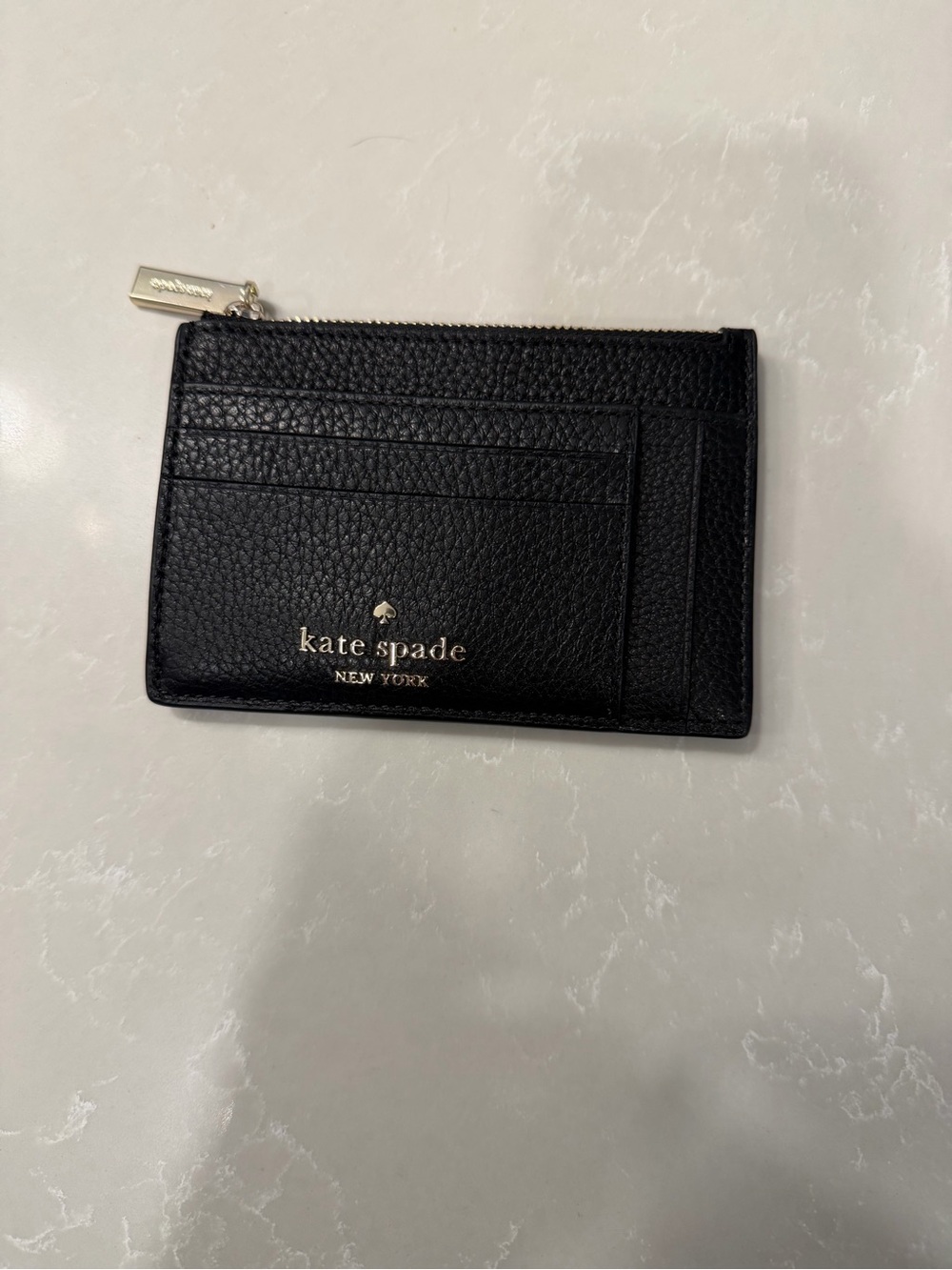 kate spade black pebbled leather card holder with gold logo